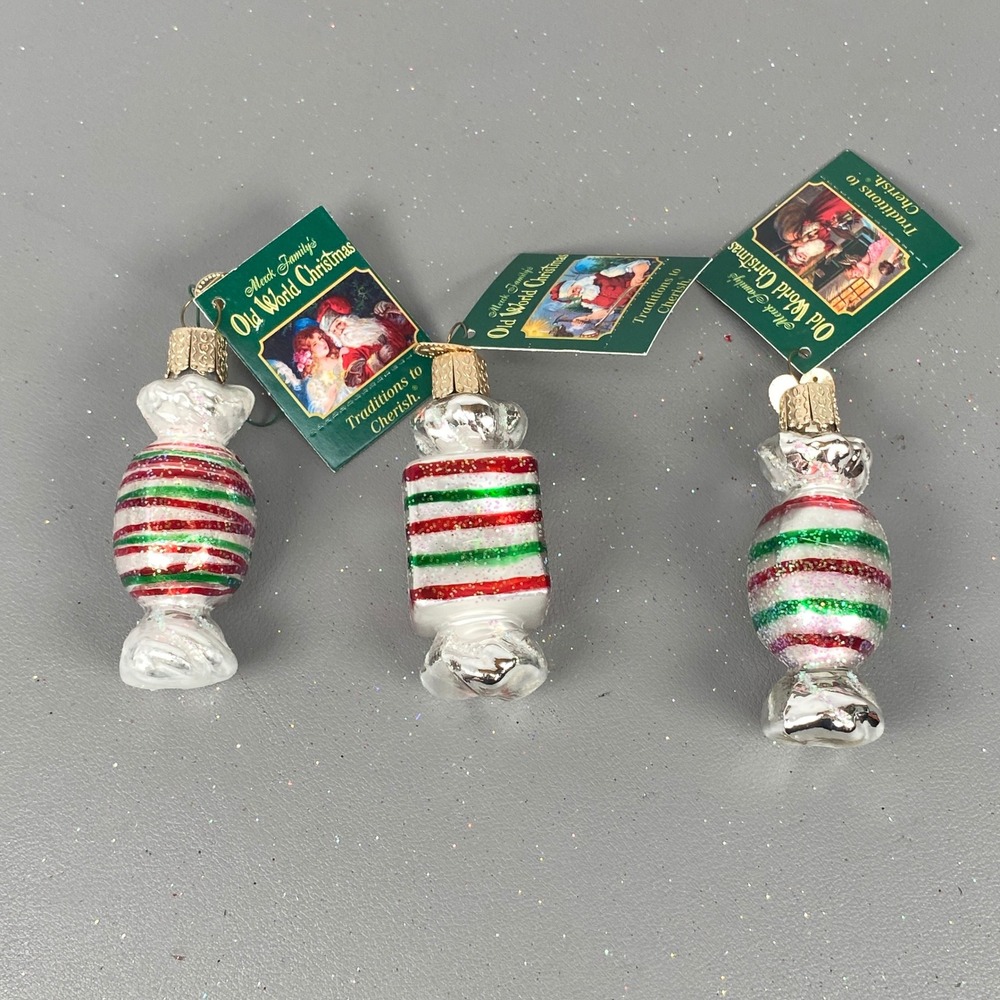3 Old World Christmas Glass Candy Holiday Food Glitter Ornaments Red & Green